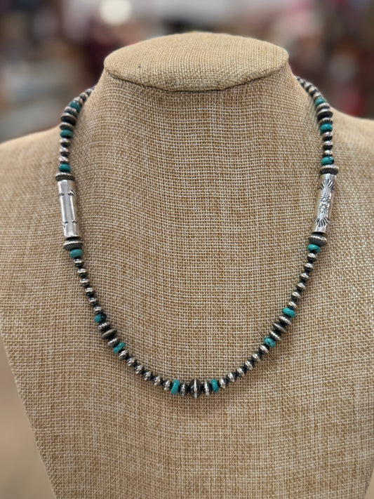 Silver & Turquoise Stamped Bead Necklace