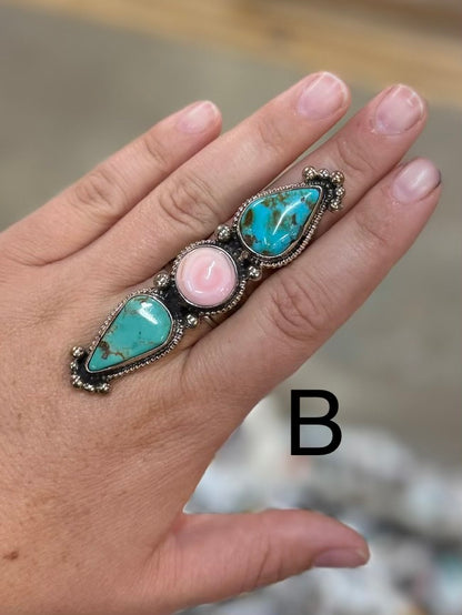KIngman & Pink Conch Triple Stone Ring