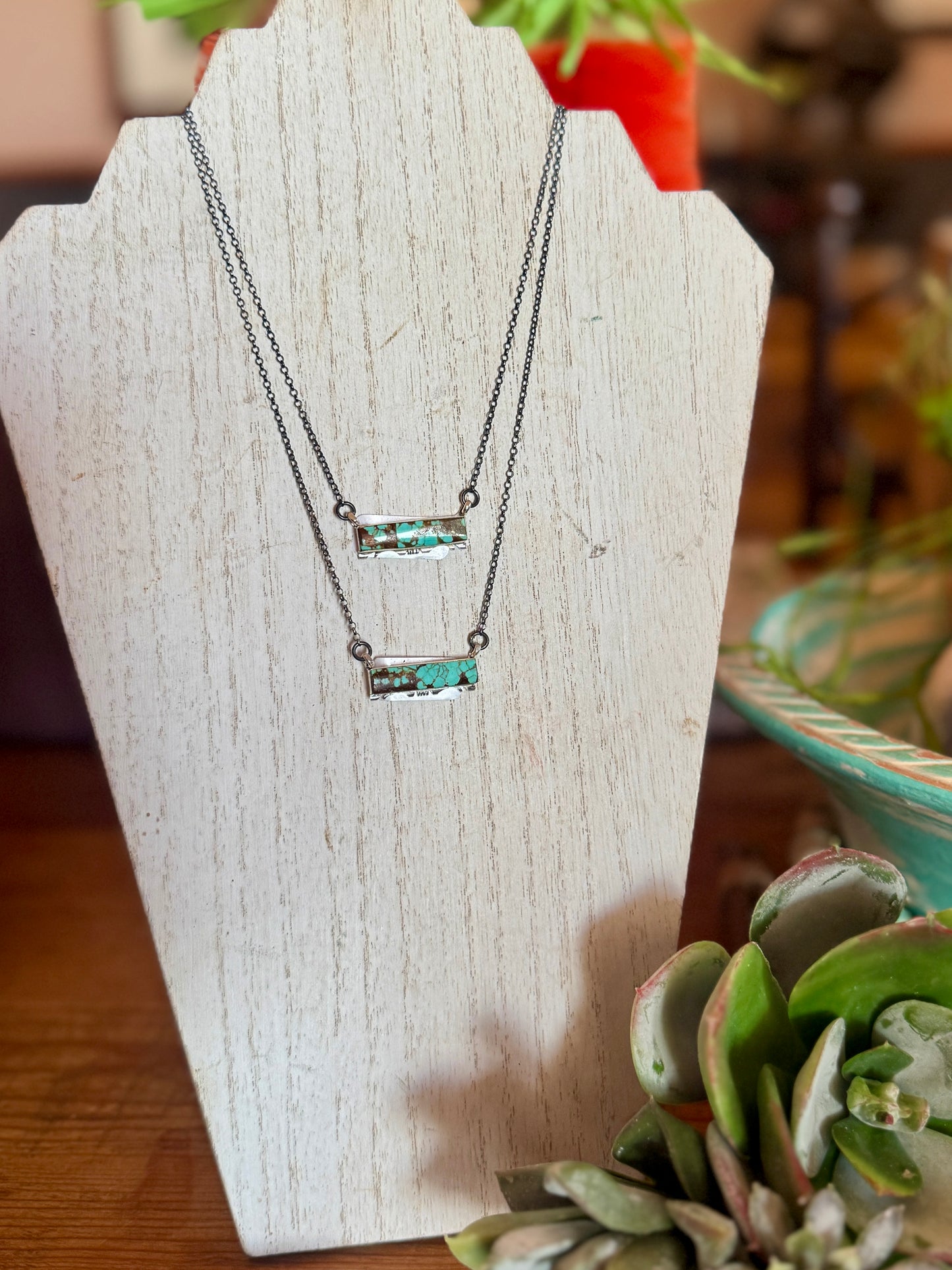 {Pearl} Turquoise Bar Sterling Necklace