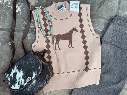 {Brown} Sleeveless Horse Knit Top