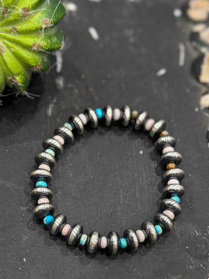 Pink & Turquoise Spacer Stretch Sterling Bracelet