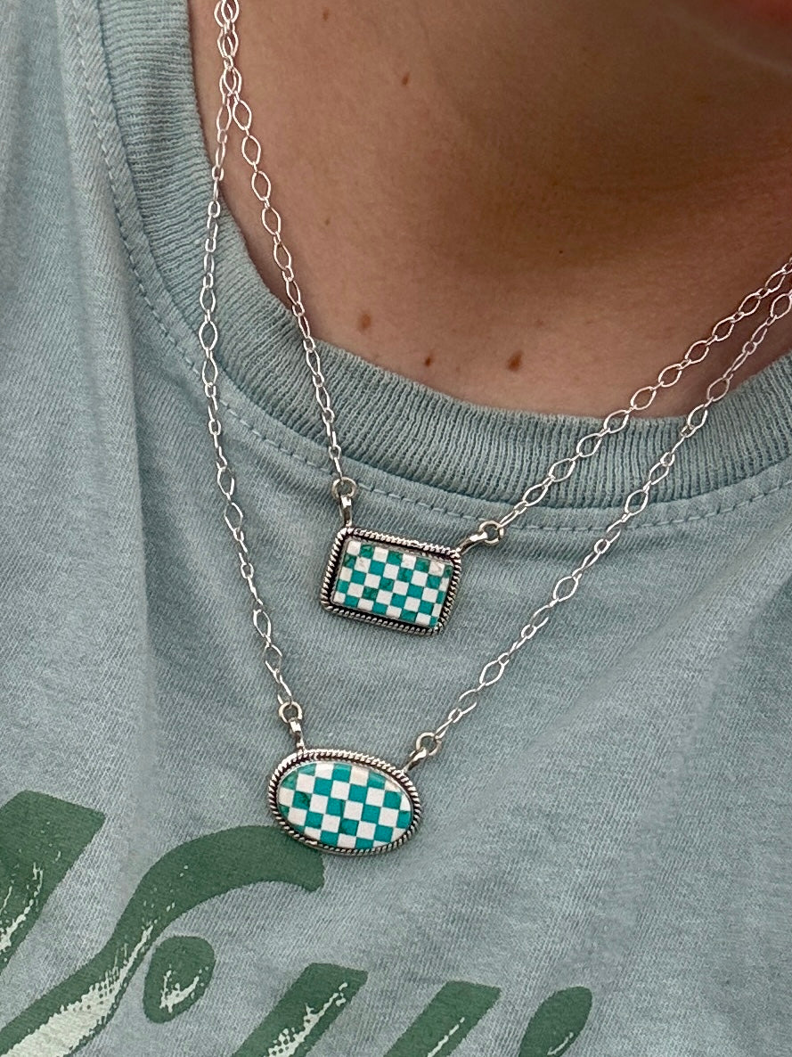 WHT/TQ Inlay Square Checker Bar Necklace