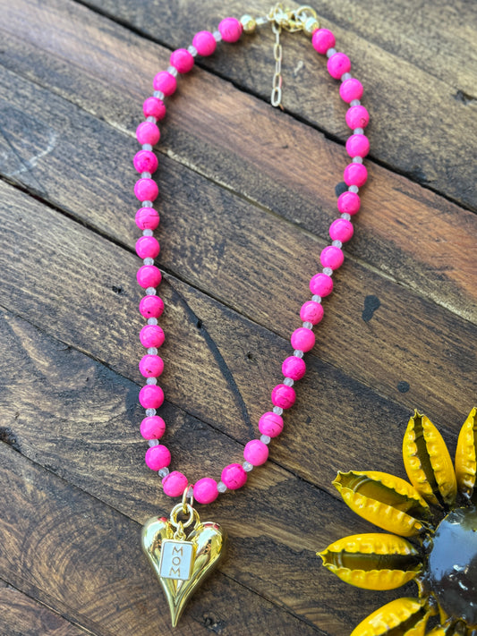 Beaded Mom Heart Charm Necklace