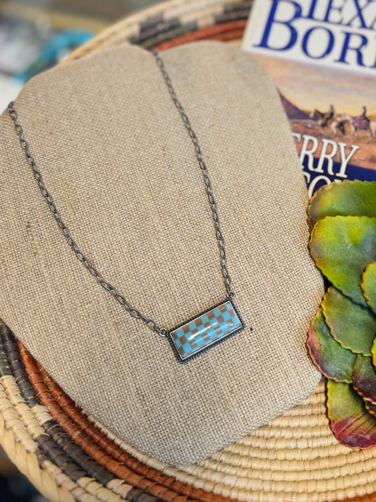 TQ & Brown Checker Bar Necklace