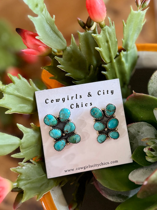 Double Turquoise Cluster Post Earring