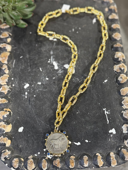 {Jewel} Equestrian Coin Gold Necklace
