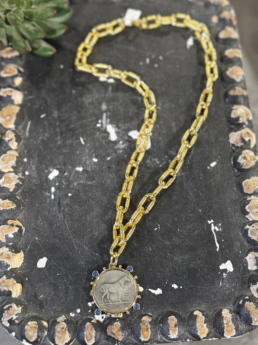 {Jewel} Equestrian Coin Gold Necklace