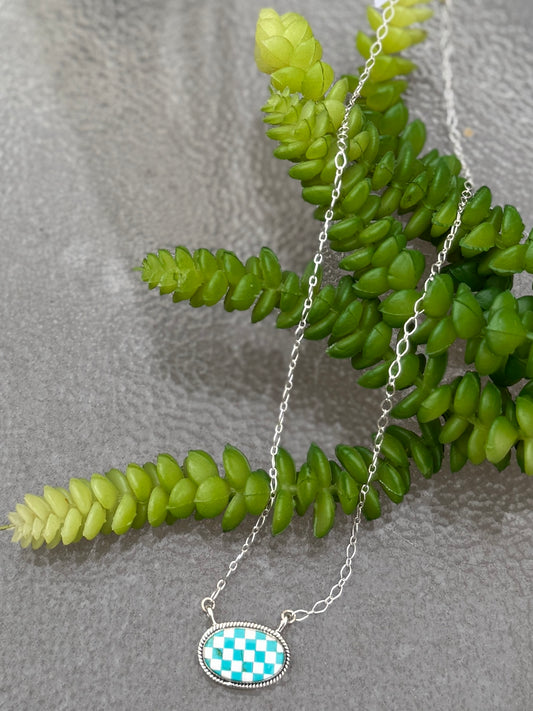 WHT/TQ Inlay Oval Checker Bar Necklace