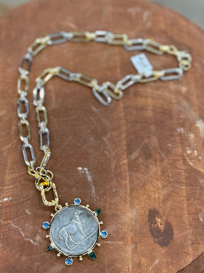 {Jewel} Equestrian Coin Gold Necklace