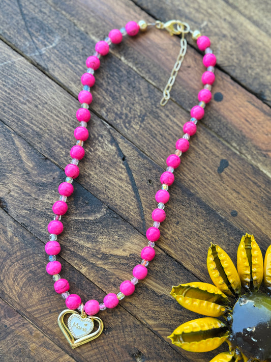 Mom Heart Beaded Charm Necklace