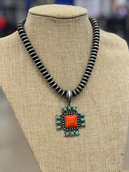 Orange/Gren Pendent Saucer Necklace