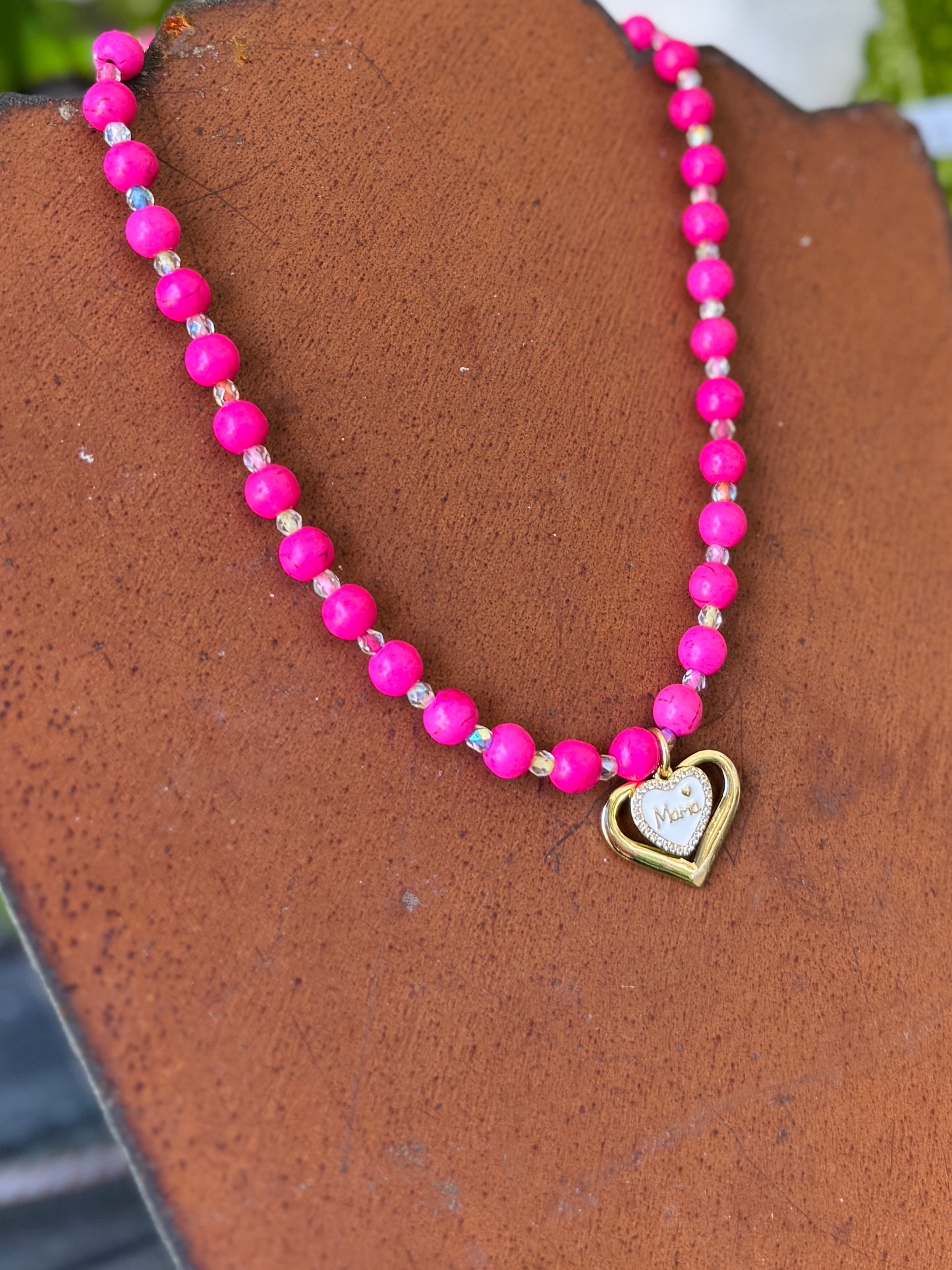Mom Heart Beaded Charm Necklace
