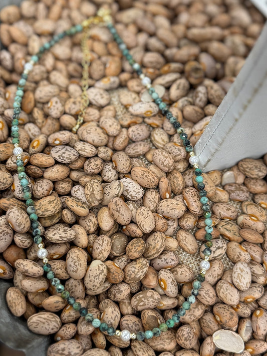 [Bella] Green, Pearl & Gold Necklace