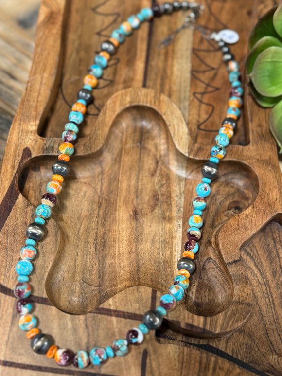 Compressed Spiny Oyster & Turquoise Beaded Necklace