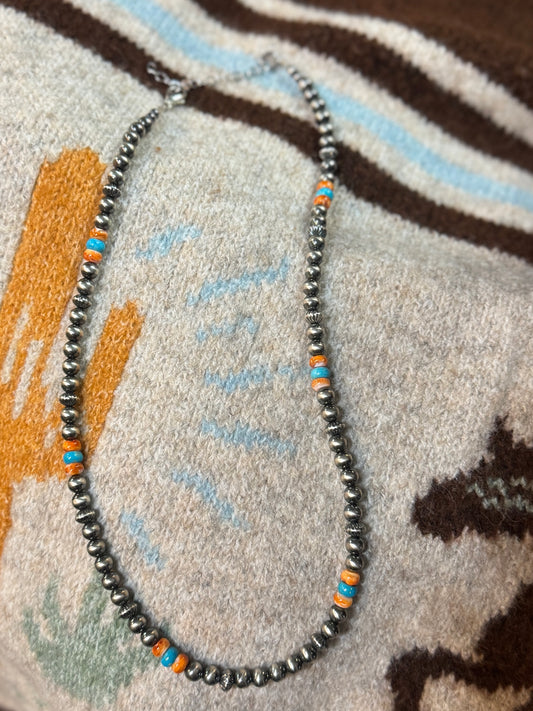 Silver Pearl & TQ Spiny Oyster Necklace