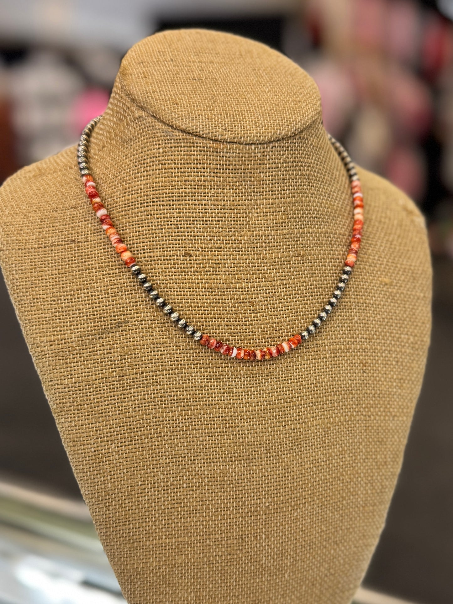 {Austin} Spiny Oyster Silver Bead Necklace