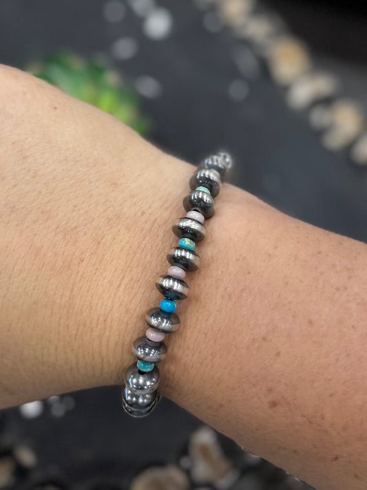 Pink & Turquoise Spacer Stretch Sterling Bracelet