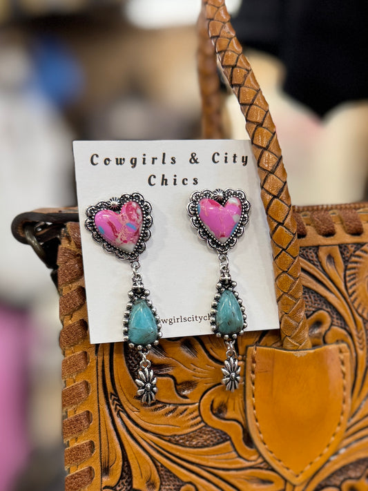 Pink & Turquoise Heart Drop Earrings