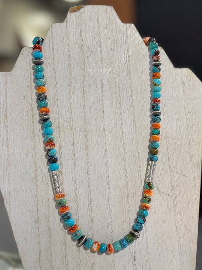 Compressed Spiny Oyster & Silver Barrel Necklace