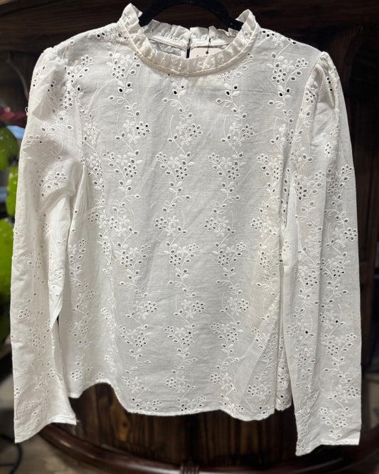 {Miranda} Eyelet Ruffle Neck Blouse