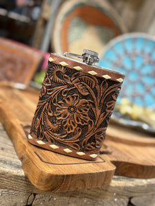 Buck Stitch Tooled Leather Flask
