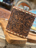 Buck Stitch Tooled Leather Flask