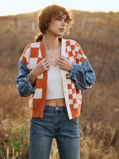 Orange Checker Denim Cardigan