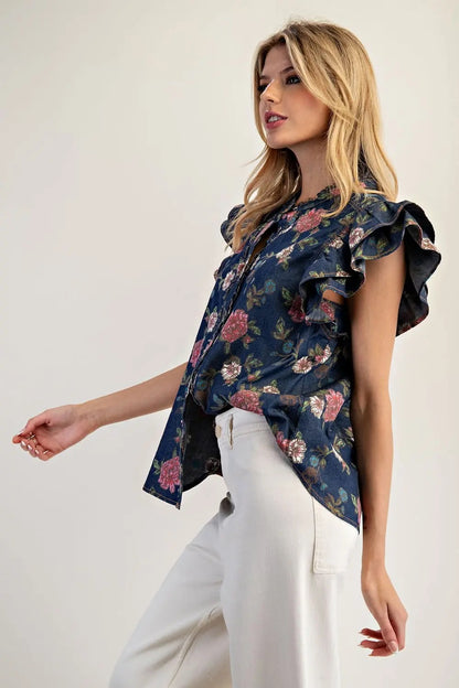 Floral Denim Ruffle Sleeve Top