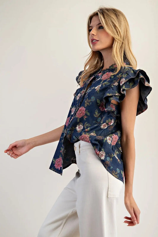 Floral Denim Ruffle Sleeve Top