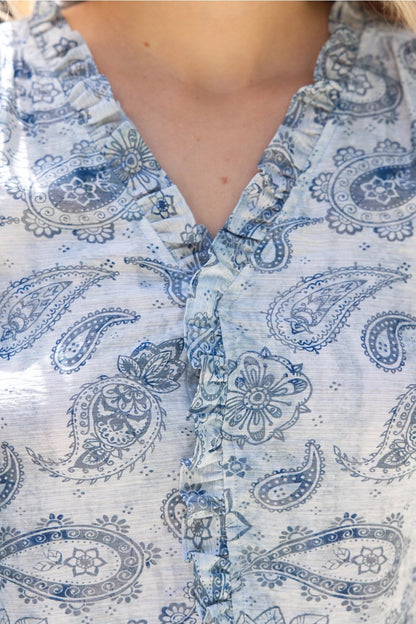 Blue Paisley Ruffle Top
