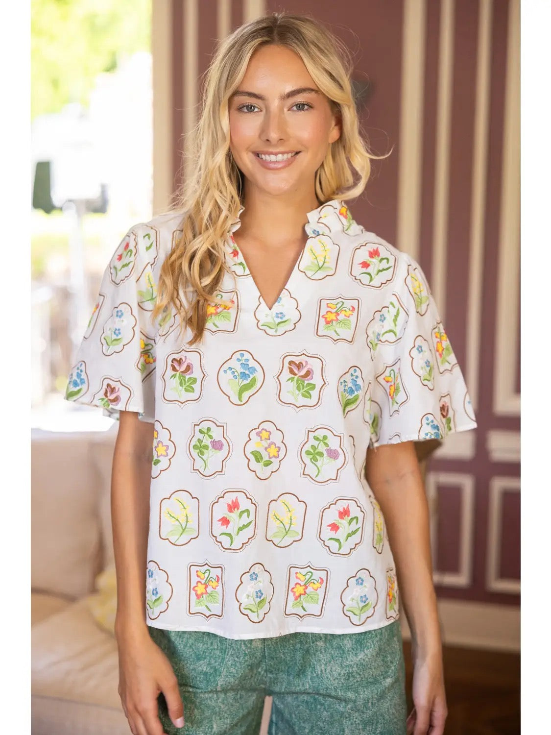 Framed Floral Embroidered Top