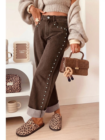 Stud Trim Brown Cuffed Jeans