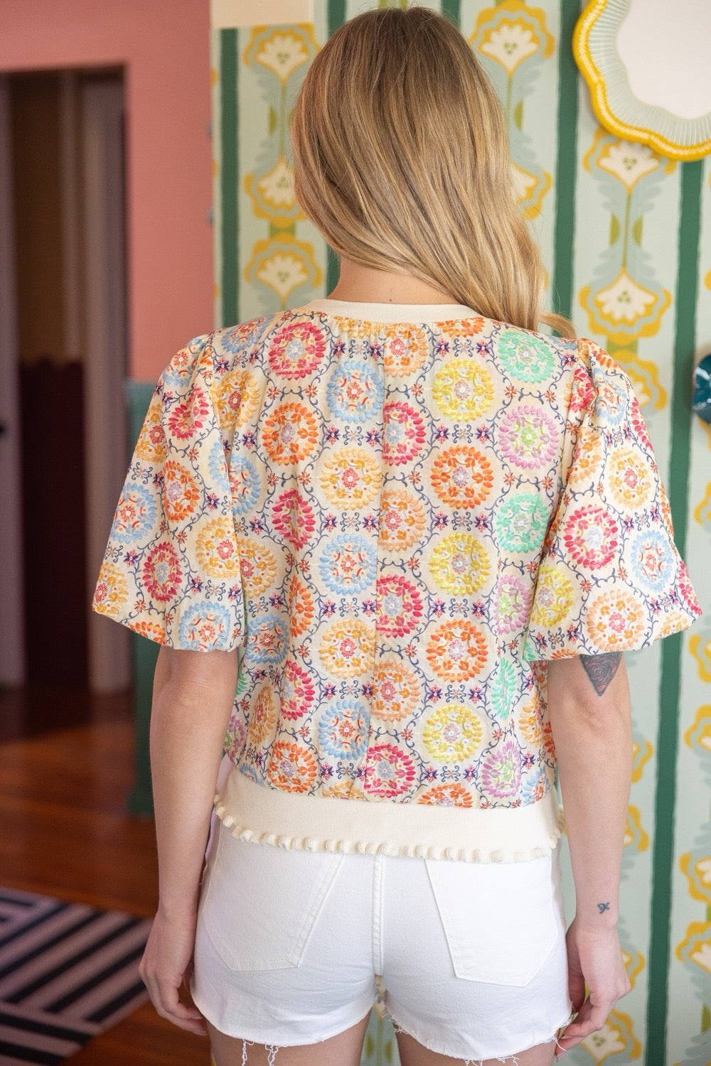 Embroidered Floral Bubble Sleeve Top