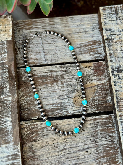 {Amy} Faux Pearl, Gold & Turquoise Necklace - Cowgirls & City Chics