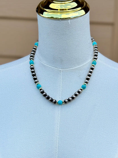 {Amy} Faux Pearl, Gold & Turquoise Necklace - Cowgirls & City Chics
