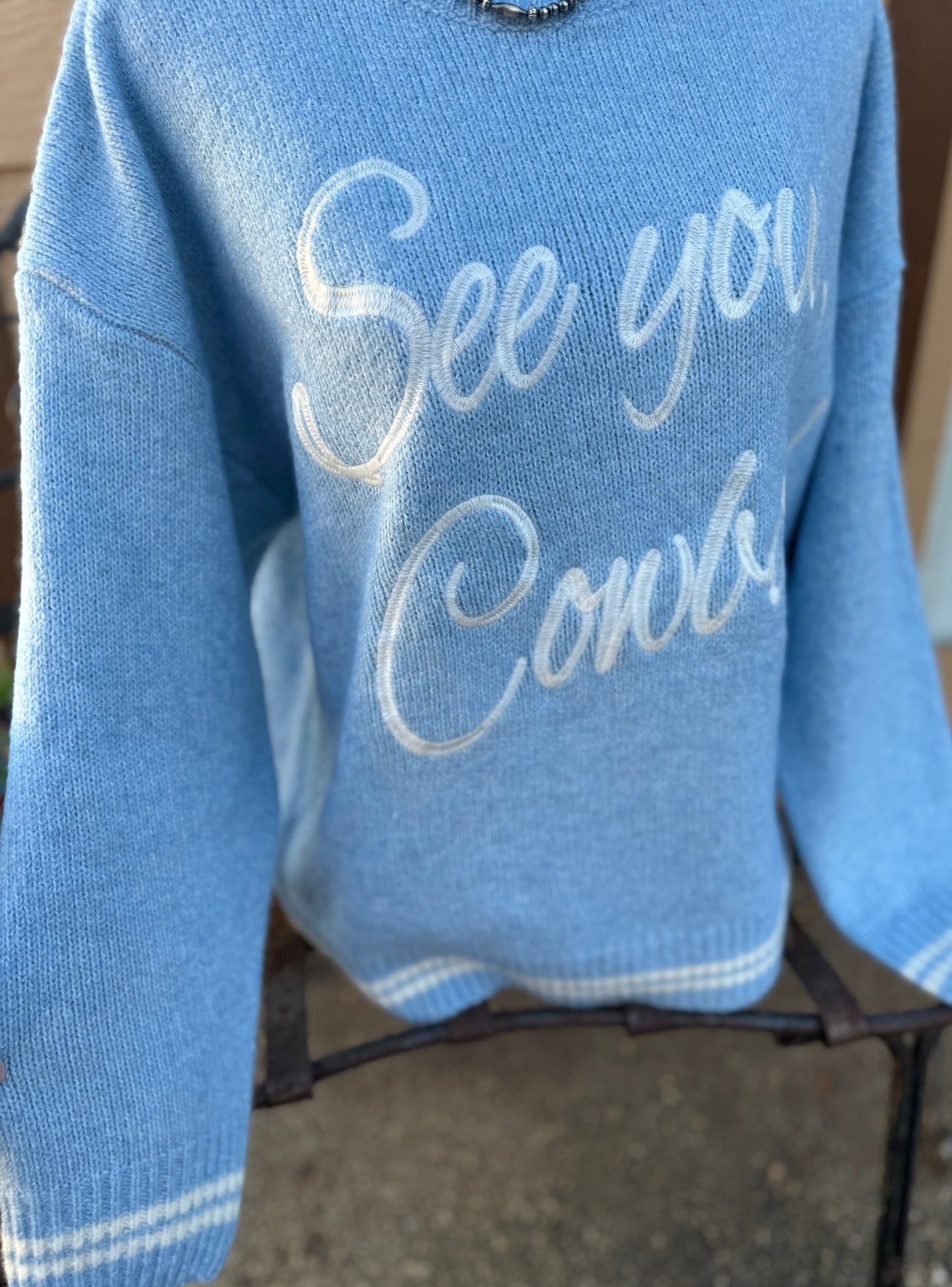 Baby Blue Embroidered {See Ya Cowboy} Sweater - Cowgirls & City Chics