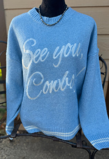 Baby Blue Embroidered {See Ya Cowboy} Sweater - Cowgirls & City Chics