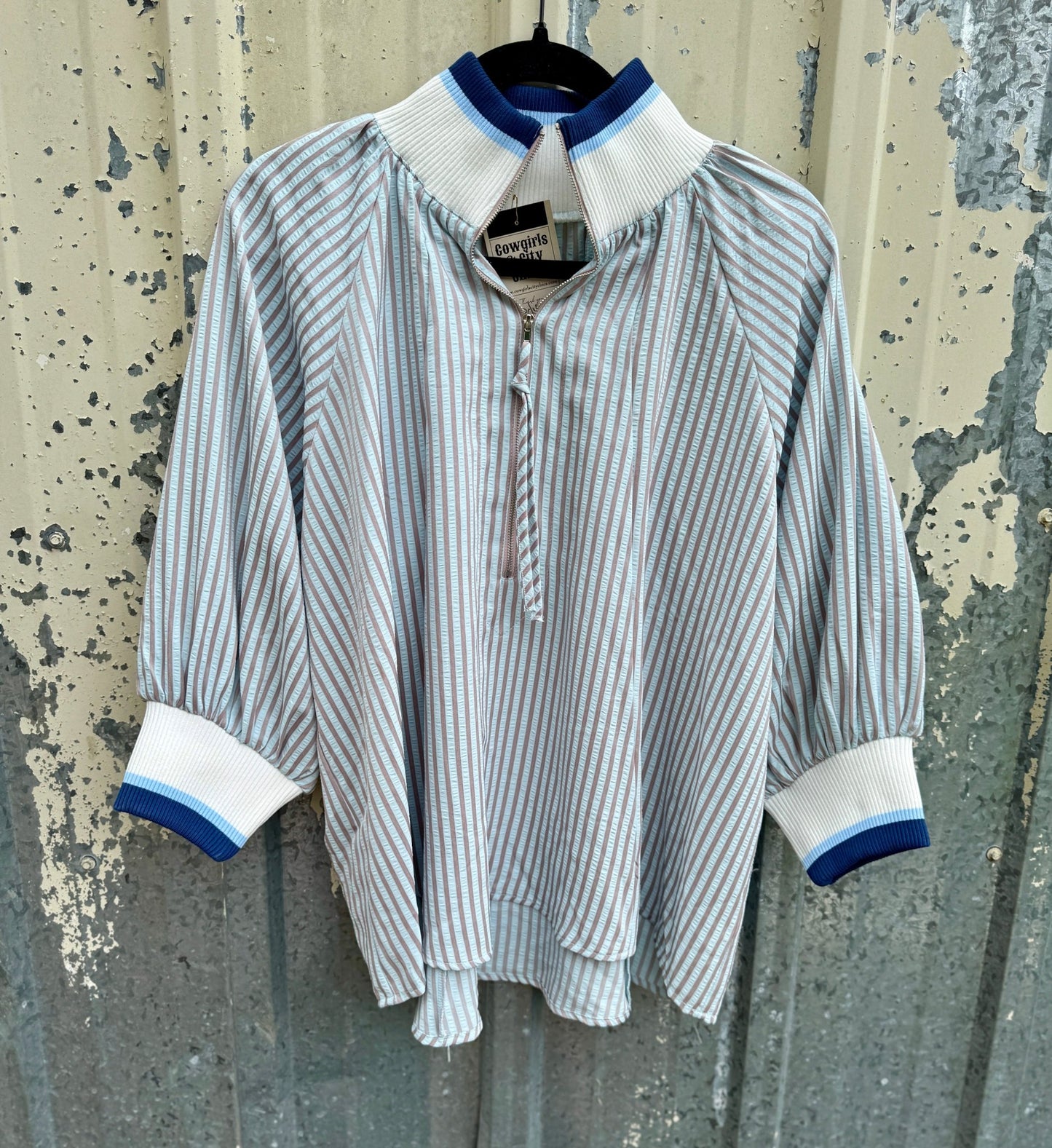 {Blue} 1/4 Zip Stripe Top - Cowgirls & City Chics
