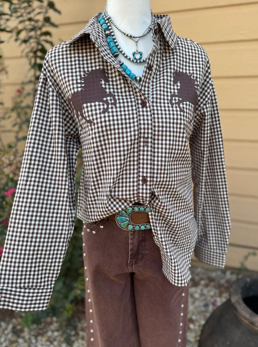 {BR} Gingham Horse Long Sleeve Top - Cowgirls & City Chics