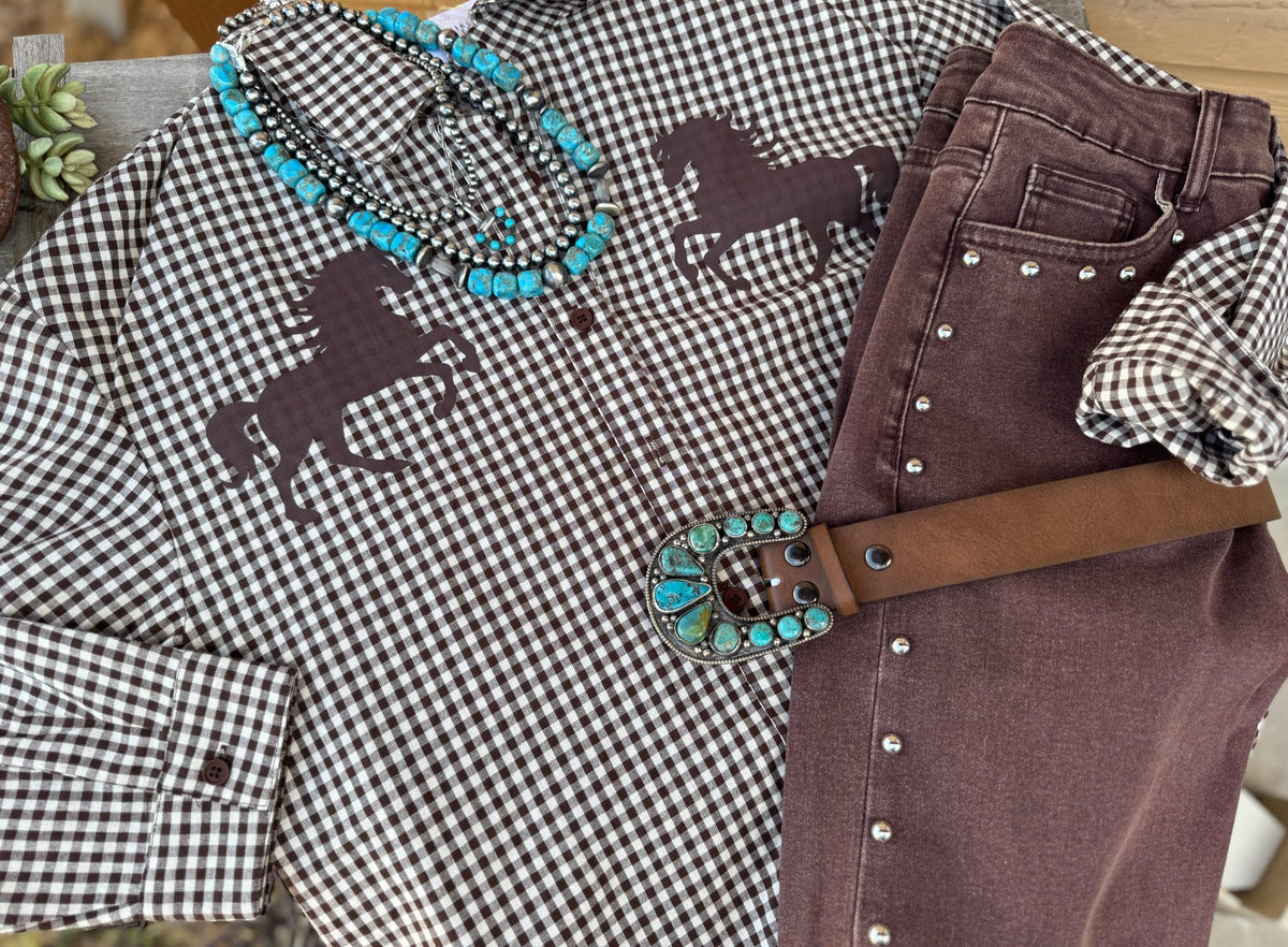 {BR} Gingham Horse Long Sleeve Top - Cowgirls & City Chics