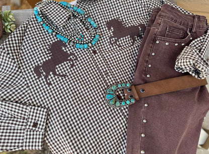 {BR} Gingham Horse Long Sleeve Top - Cowgirls & City Chics