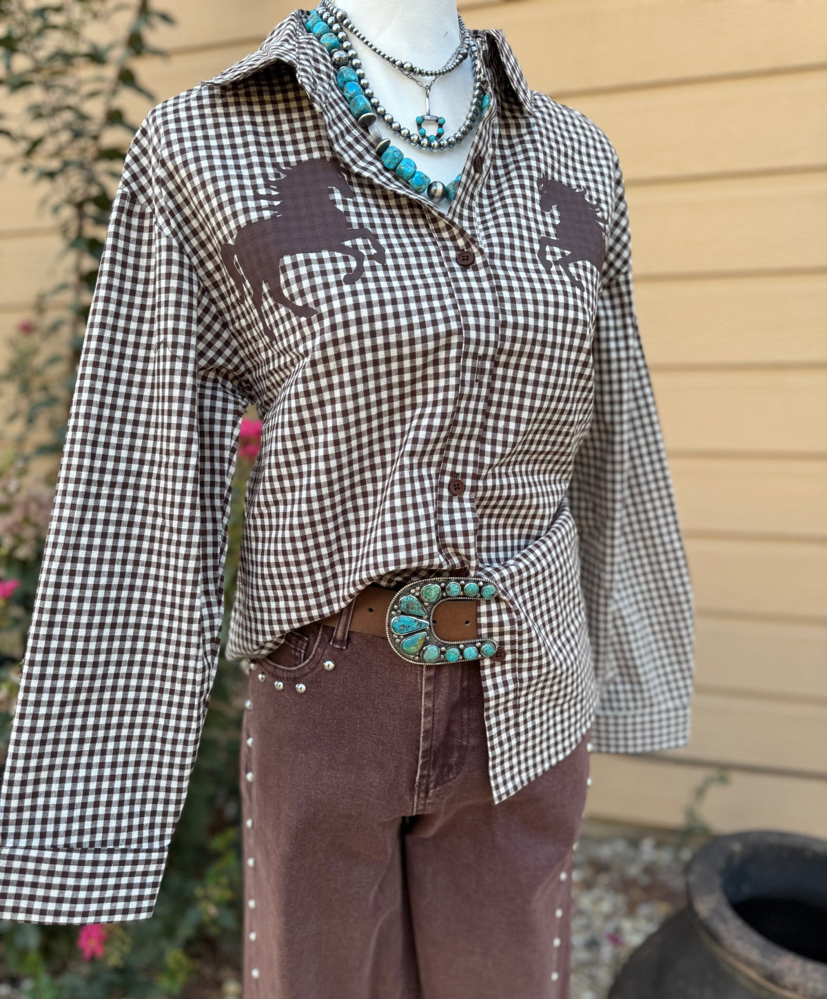 {BR} Gingham Horse Long Sleeve Top - Cowgirls & City Chics
