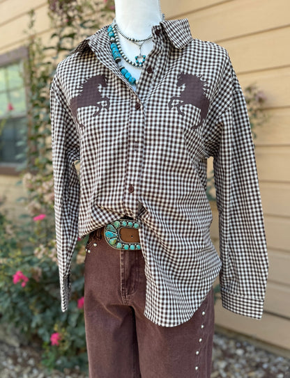 {BR} Gingham Horse Long Sleeve Top - Cowgirls & City Chics