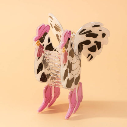 Cow Print Rooster with Western Hat & Boots Hair Claw