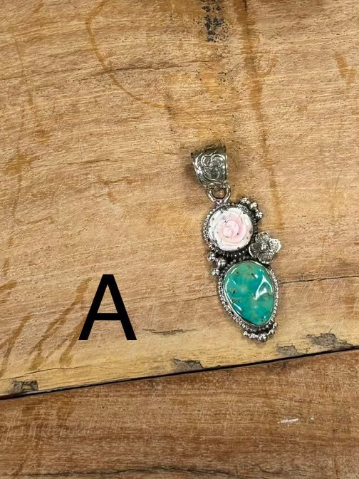 Carved Pink Conch Rose & Kingman Pendent - Cowgirls & City Chics
