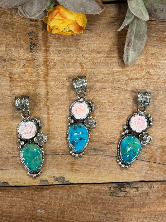 Carved Pink Conch Rose & Kingman Pendent - Cowgirls & City Chics