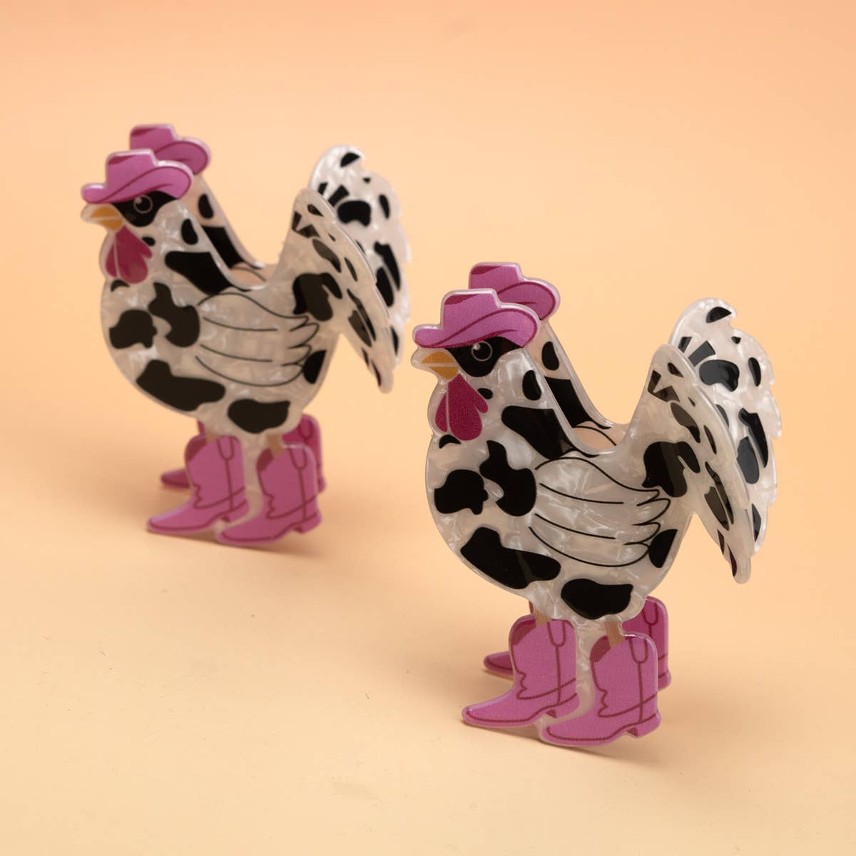 Cow Print Rooster with Western Hat & Boots Hair Claw