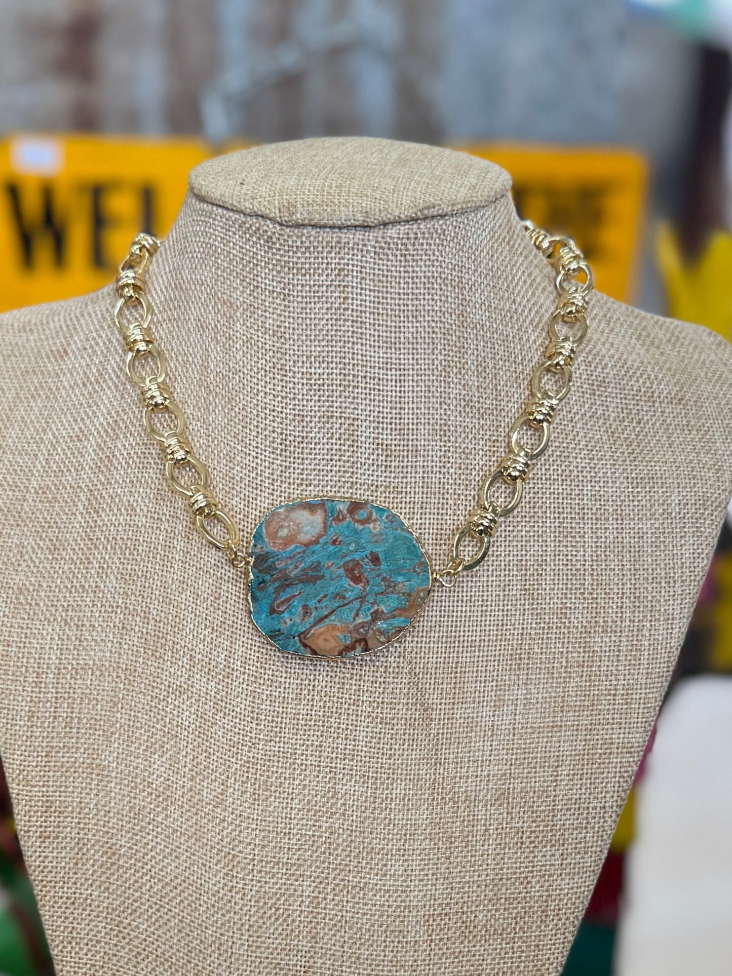 Chunky Turquoise & Gold Slab Necklace - Cowgirls & City Chics