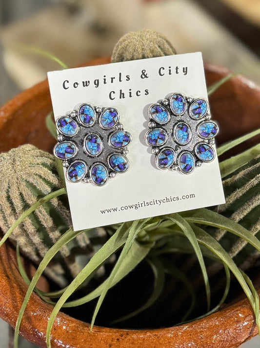 Cluster Blue Dahlia Earrings - Cowgirls & City Chics