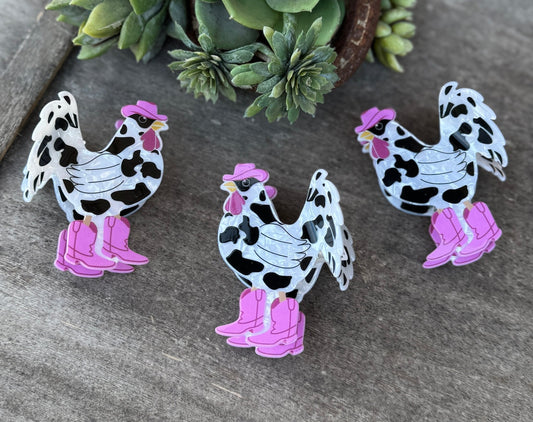 Cow Print Rooster with Western Hat & Boots Hair Claw - Cowgirls & City Chics